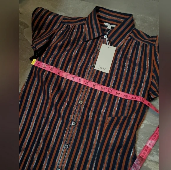 NWT Joie "Dyllis Dark Sapphire" short sleeves blouse. Blue, orange, metallic. S. - Picture 7 of 9
